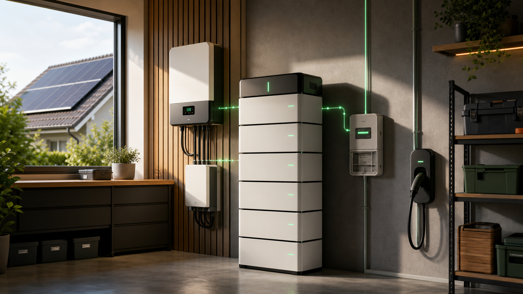 Moderner PV-Batteriespeicher mit Wechselrichter und grünen Ladeflusslinien im Technikraum