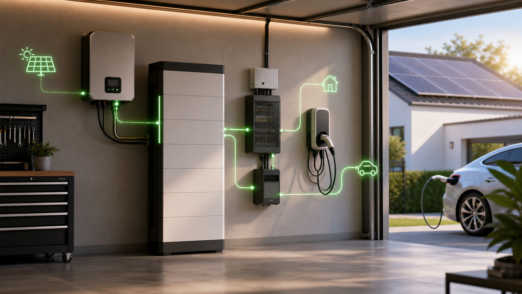 PV-Speicher, Wechselrichter und Wallbox mit grünen Energieflusslinien in einer Garage