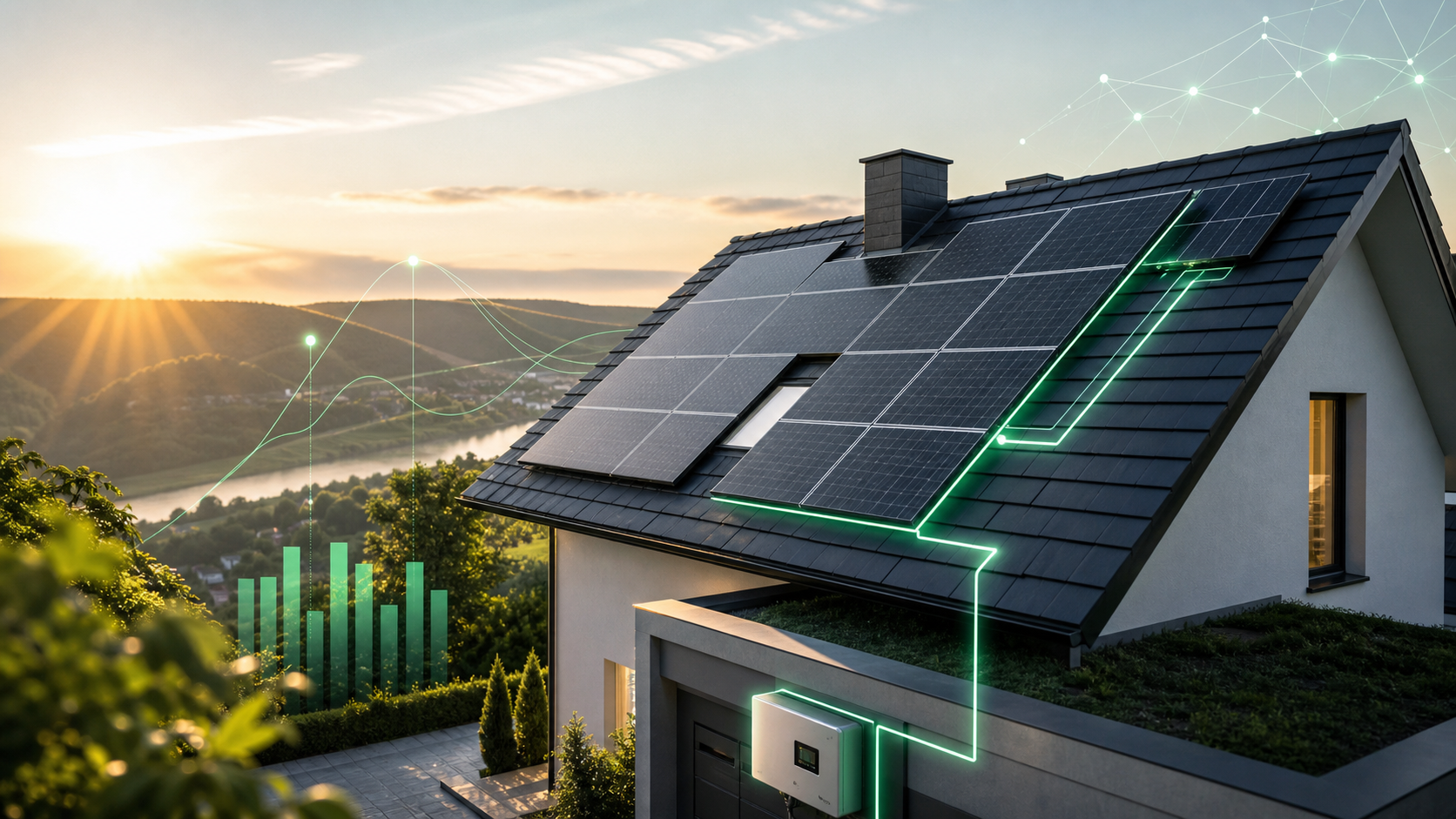 Photovoltaikanlage auf einem Hausdach mit grünen Ertragslinien bei Sonnenaufgang