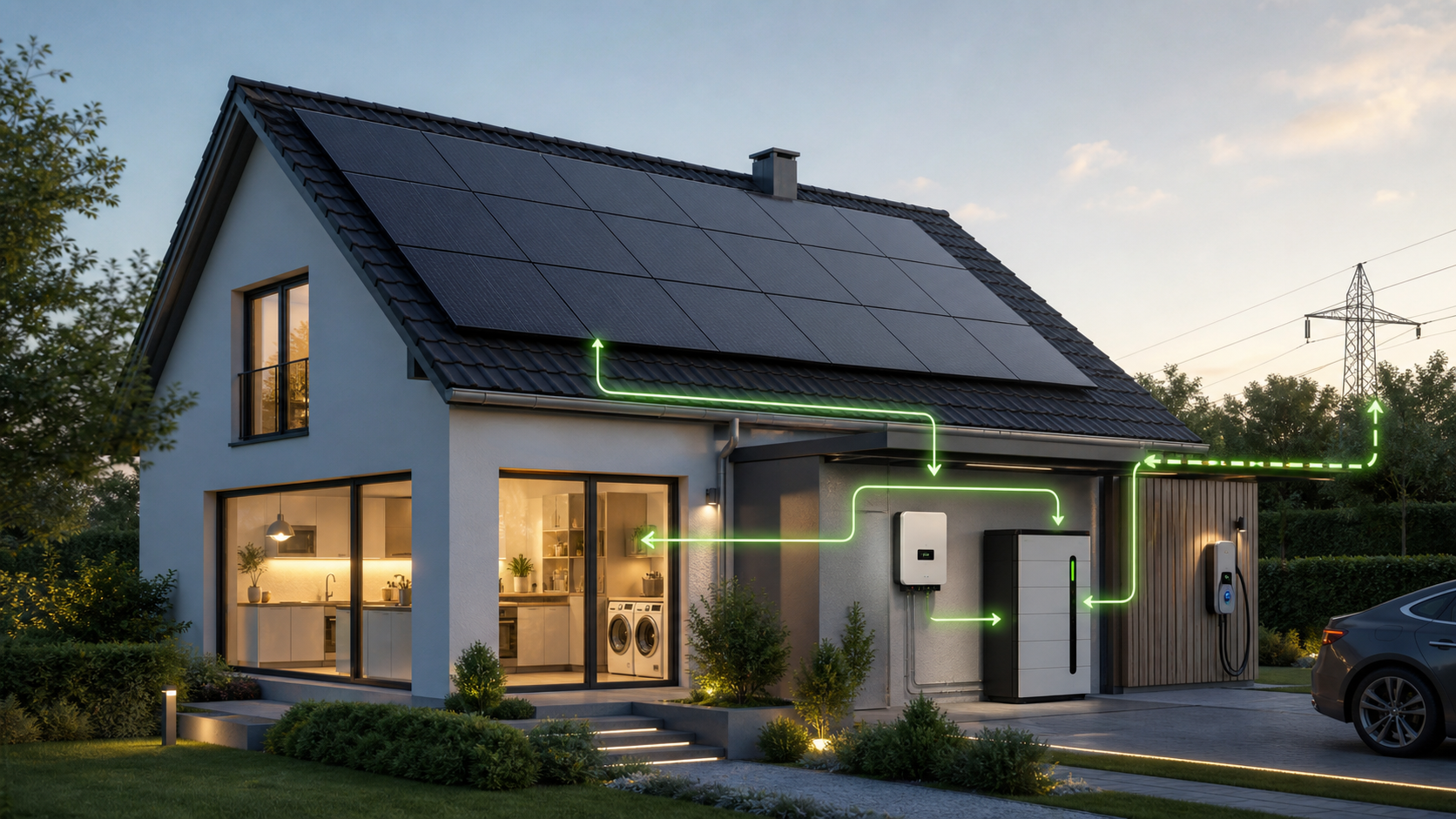 PV-Haus mit Speicher und grünen Energieflusslinien für Eigenverbrauch statt Volleinspeisung