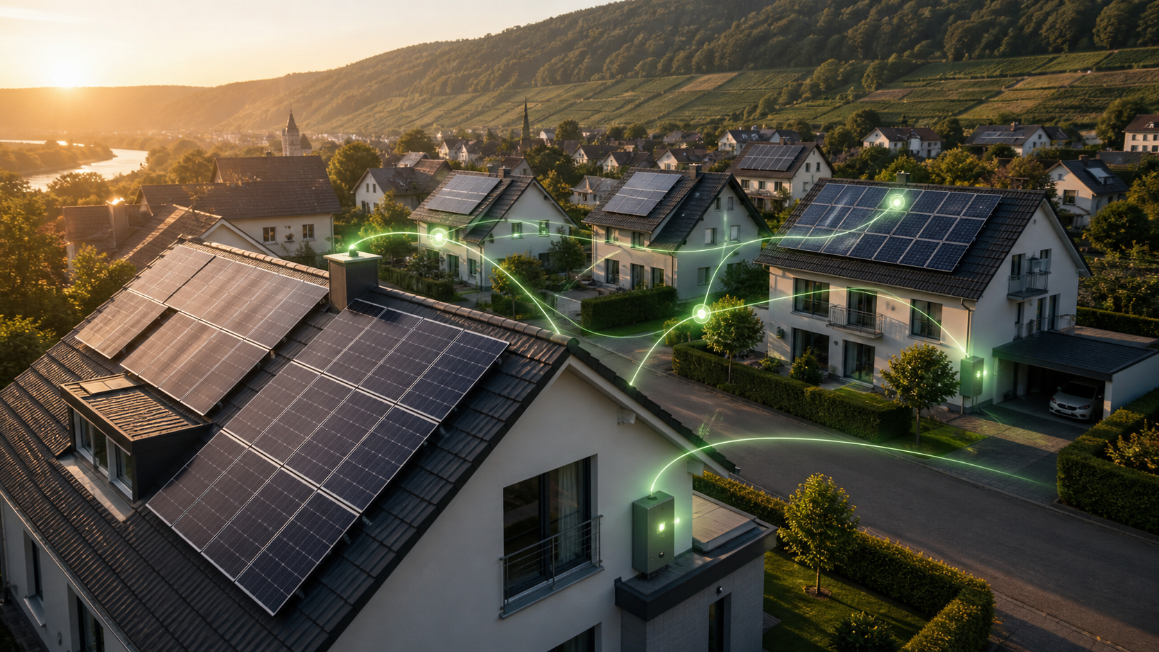 PV-Dächer in einer Nachbarschaft mit grünen Energieflusslinien für Energy Sharing