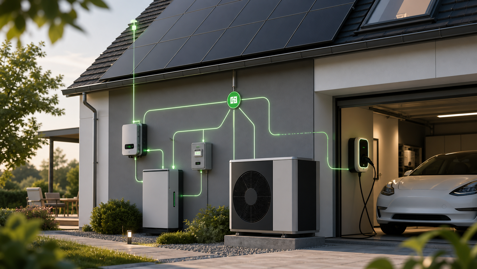 PV-Haus mit Wallbox, Wärmepumpe, Speicher und grünen Steuerungslinien