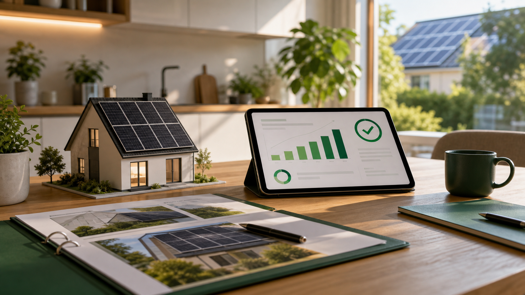 PV-Finanzierungsplanung mit Modellhaus, Solardach und Tablet am Wohnzimmertisch