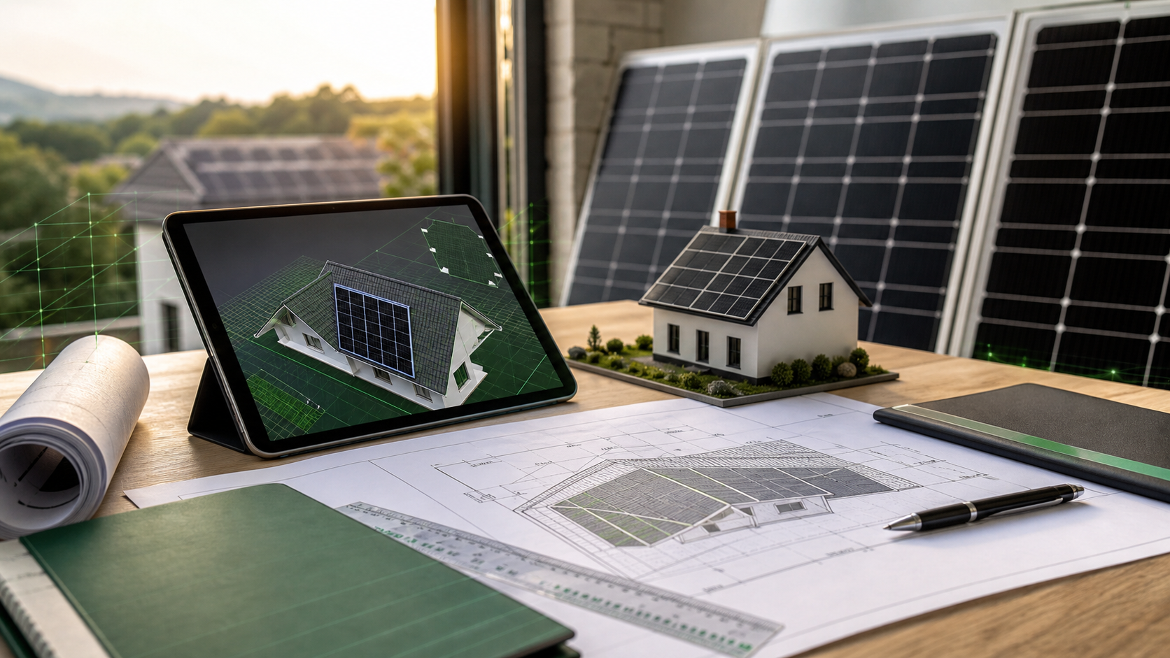 Professionelle PV-Planung mit Dachlayout, Tablet und Solarmodulen auf einem Arbeitstisch