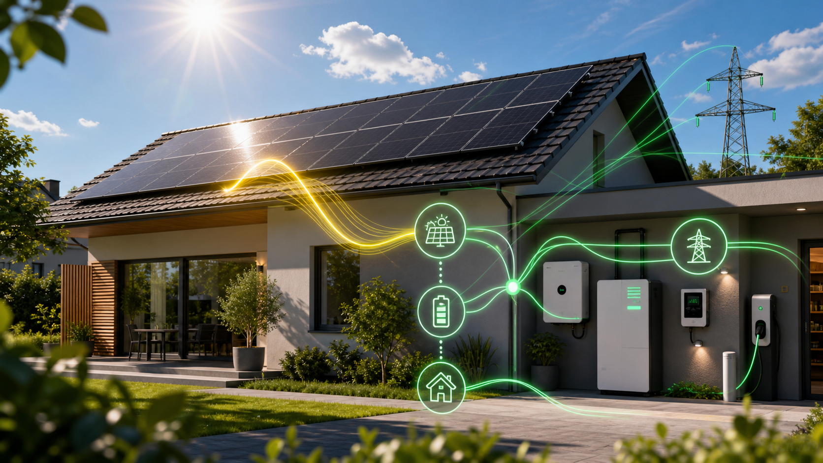 PV-Anlage bei starker Mittagssonne mit Speicher und intelligentem Energiemanagement