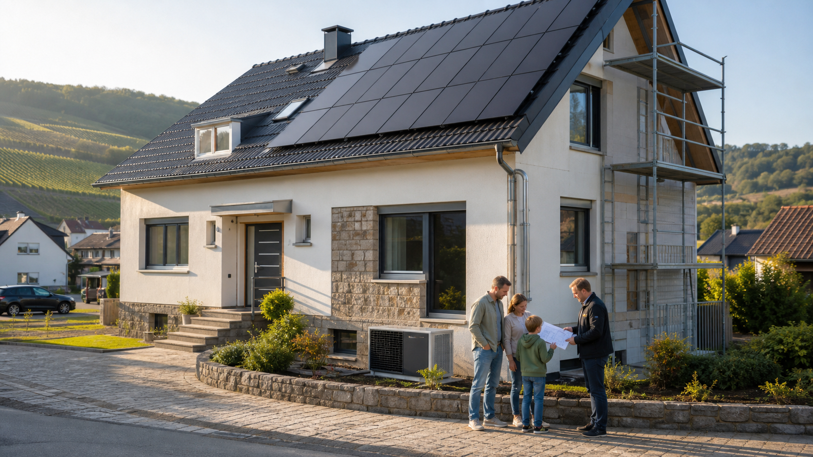 Familie und Energieberater vor einem sanierten Bestandsgebäude mit Photovoltaik und Wärmepumpe