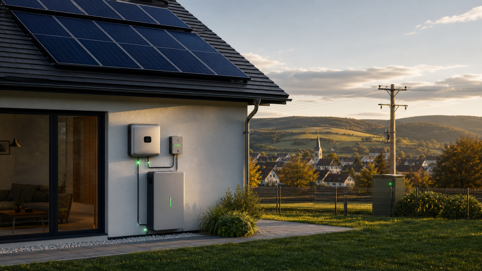 Wohnhaus mit Photovoltaikanlage, Batteriespeicher und Anschluss an das lokale Stromnetz